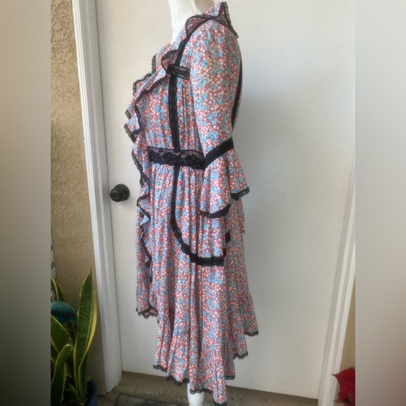 vintage free people floral lace ruffles retro button down mini dress sz 4 - Picture 6 of 15